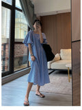 Square Neck Plaid Puff Sleeve Loose Casual Dress Summer Women Korean Ladies Chic 2023 New Dresses Elegant Woman