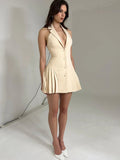Collar Buttoned Backless Suit Mini Dress-Outfit