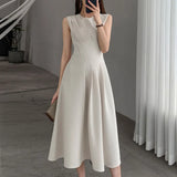 O-neck Woman A-line Dresses for Women Sleeveless Slim Waist Female Solid Dress Elegant Ladies Midi Vestidos Summer