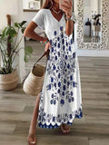 Summer Beach Sundress Robe Female Casual Vintage Printed Loose Beach Long Dress Women Hollow Out Short Sleeve