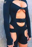 Women Bodycon Buckle Cut Out Biker Rompers Sexy Long Sleeves Hollow Out Clubwear Bodysuit One Piece Short Jumpsuit