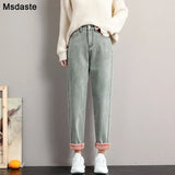 Jeans for Women Velvet Thick Warm Denim Pants High Waist Fleece Mom Jeans Vintage Wide Leg Ankle-Length Harem Denim