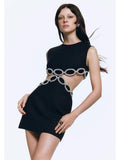 O Neck Sleeveless Cut Out Diamond Bandage Dress Women Black Backless Luxury Diamond Mini Bodycon Dress Evening Club