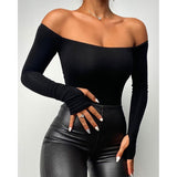 Summer Women Clothing Daily Wear Black T-shirts Elegant Cold Shoulder Long Sleeve Skinny Casual