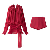 Folding Ribbon Design Loose Waist Mini Dress Shorts Set 2025 Spring And Summer Street Fashion