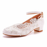 3 Cm Square-Shaped Round-Headed Single-Shoe Wrist Strap Single Shoe Spring And Autumn Lace Wedding Shoes Women's Small White