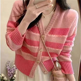 Zingj New Autumn Stripe V-Neck Knit Cardigan Jacket Korean Chic Short Jacket Design Sense Of Minority Women-Outfit