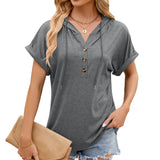 Zingj / Summer 2024 New Hooded Drawstring Button Solid Color Loose T-Shirt Top-Outfit