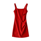 Zingj New Pleated Vest Dress Summer Women's Solid Color Square Collar Sleeveless Hip