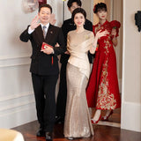 New Temperament Long-Term Cash Waist Fishtail Skirt Wedding Dress Elegant Gold Squine Mother