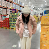 Korean Hooded Short Pink Down Cotton Jacket Coat Female 2024 Winter Fashion Versatile Warm And Thin Bread Clothes-Outfit