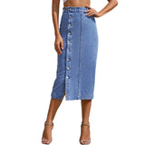 Side Slit Buttoned Denim Midi Skir- Outfit