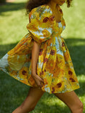 Square Neck Pleated A-Line Dress Spring Summer Short Sleeve Loose Floral Print Dress Women Elegant Puff Sleeve Party