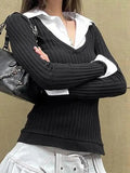Polo Neck Splice Fake Two Piece Long Sleeve Knit- Outfit