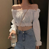 Zingj And Summer 2024 New One-Line Collar Off-Shoulder Design Top Female Student High Waist Crop Bubble Sleeve T-Shirt-Outfit