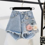 Summer Women 2 Piece Sets Embroidery 3D Flower T-shirt + Denim Shorts Sets Vintage Beading Shorts