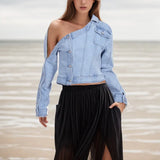 Zingj 2024 New Retro Wash Do Old Off-The-Shoulder Design Sense Denim Jacket Female Niche Design Sense