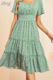 Dress Women Short Sleeve High Waist Floral Print Midi Dress Casual Elegant Square Collar Holiday Beach