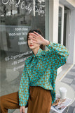 Spring 2021 Green Floral Print Long Sleeve Oversized Shirt Women Button Up Bow Neck Korean Fashion Tops And