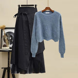 Zingj Women Winter Patchwork Long Sleeve Knitted Tops + Asymmetric Skirt 2 Piece Suit Female Party Elegant Two Piece Set 102-1-Outfit