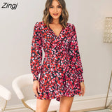 Heart Printing V-neck Long Sleeve Mini Dress For Women Sexy Wrap Tie Party A-line Dress 2023 Summer