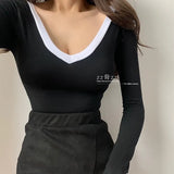 2021 Summer Spring New Sexy V-neck Low Chest Color Patchwork Slim Elastic Navel Exposed Bottom Long Sleeve T-shirt