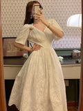 New Women Fashion Elegant White Solid Midi Lace Dress Lady Female A Line Party Clothes