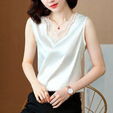 Chiffon Tops Shirt Women Summer Loose Vest Satin Sleeveless Lace V-neck Top Office Lady Blouse M-4XL blusones de