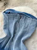 Summer Gradient Strapless Sexy Denim Dress Women Sleeveless Bodycon Jeans Sundress Fashion Split Backless Long
