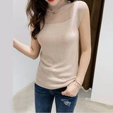 Out Tank Tops Women Summer Lce Silk Sexy Knitted Vest Top Sleeveless Casual Korean Tops Elasticity Solid Slim