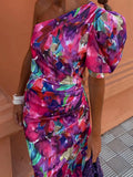 Colorful Tie-dye Print Diagonal Collar Long Dress Women Chic Backless Puff Sleeves Slim Robes Summer Lady Party