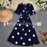 Zingj Big Wave Point Foreign Air Horn Short Sleeve Temperament V Neck Tie Closed Waist Show Thin Long Dress Female Summer