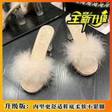 New Summer Sexy High-Heesed Slippers Women's Korean Version Of Rough And Feather Slippers Transparent Belt