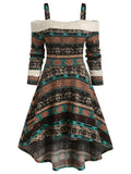 Elegant Gothic Dress Women Aesthetic Cold Shoulder Tribal Print High Low Dress Vestidos Party