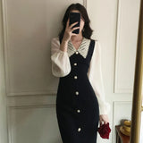 Fashion Chic Slim Puff Sleeve Single-breasted Split Dress Vintage Elegant