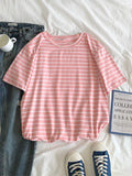 Short Sleeve Korean O-Neck Casual Fashion Shirt Camiseta Feminina Tops T Shirt Women Solid Color Striped Punk