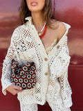 Women's Floral Hollowed Out Crochet Knitted Shirt Fashion Lapel Single Breasted Outwear 2024 Summer High Street Sweater