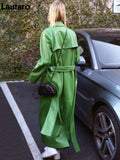 Autumn Extra Long Green Leather Trench Coat for Women Long Sleeve Sashes Single Breasted Maxi Overcoat 2023