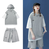 Women Hooded Top Shorts Matching Sets Summer Casual Loose Sportswear Female False Two Clothes Suit Patchwork Hoodie
