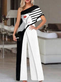 Fashion New Printed Wide Leg Pants Romper Elegant Female Loose Long Office Overall Commute Slash Neck Women Sexy