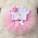 Headband Short Sleeve Top and Tutu Dress Outfits 3pcs for 1 Year Baby Girls First Birthday Party Cotume Newborn