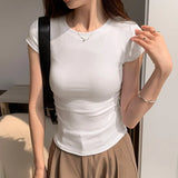 Black Round-Collar Short-Sleeved T-Shirt With A Black Round Neck Designed By European Designers Is A New Tight-Fitting, Skinny, Short-Style Blouse For Women In Spring And