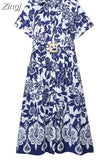 Blue Floral Shirt Dress Woman Vintage Print Long Dress Women Short Sleeve Elegant Chic Women Dresses Casual Summer