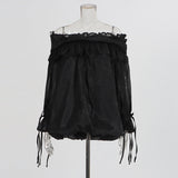 Temperament Sexy Breeze Net Yarn Shirt 2025 Summer New Lotus Leaf Side Spliced Shoulder Sexy Long-Sleeved