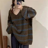 Breeze Loose V-Collar Head Striped Sweater Autumn And Winter Retro Temperament Medium-Long Style Sweater