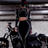 Letter Print Turtleneck Top + Leggings Striped Patchwork Fashion Casual Women Fitness Sport Two Pieces Set
