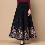 Fllower Embroidered Woolen Maxi Skirt Women Elegant High Waist Casual Skirts Mom Fashion Plus Size Skirt Office Lady