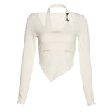 Vintage T Shirt Long Sleeve Skinny Fake Two Piece Tops Y2k Crop Tops Korean Clothes Streetwear Tee Shirt Femme