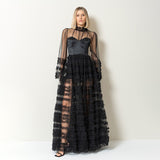 Spring 2025 New Fashion Round-Neck Mesh Splicing Design Perspective Advanced Sense Long Dress Dress
