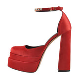 Onlymaker Square Toe Sandals Platform Thick High Heels Solid Mixed Colors Crystal Buckle Stain Sandals Graceful Women